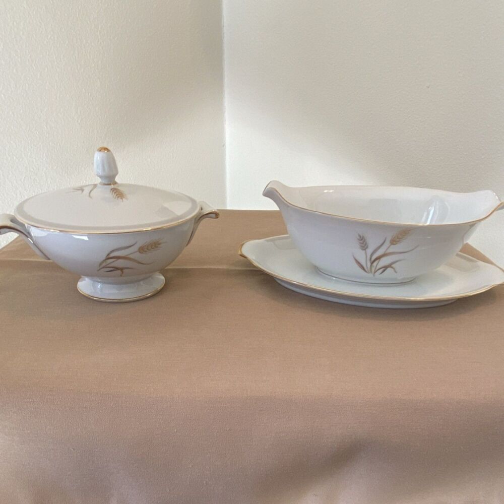 Sango Harvestgold Porcelain Gravy Boat & Underplate Wheat Pattern Japan White
